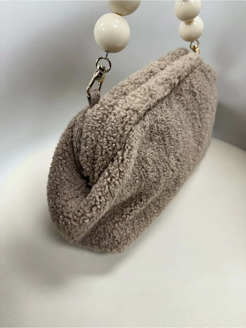 Ah-Dorned Teddy Sherpa Clutch w/ Oversized Beaded Handle Neutral Taupe Bag